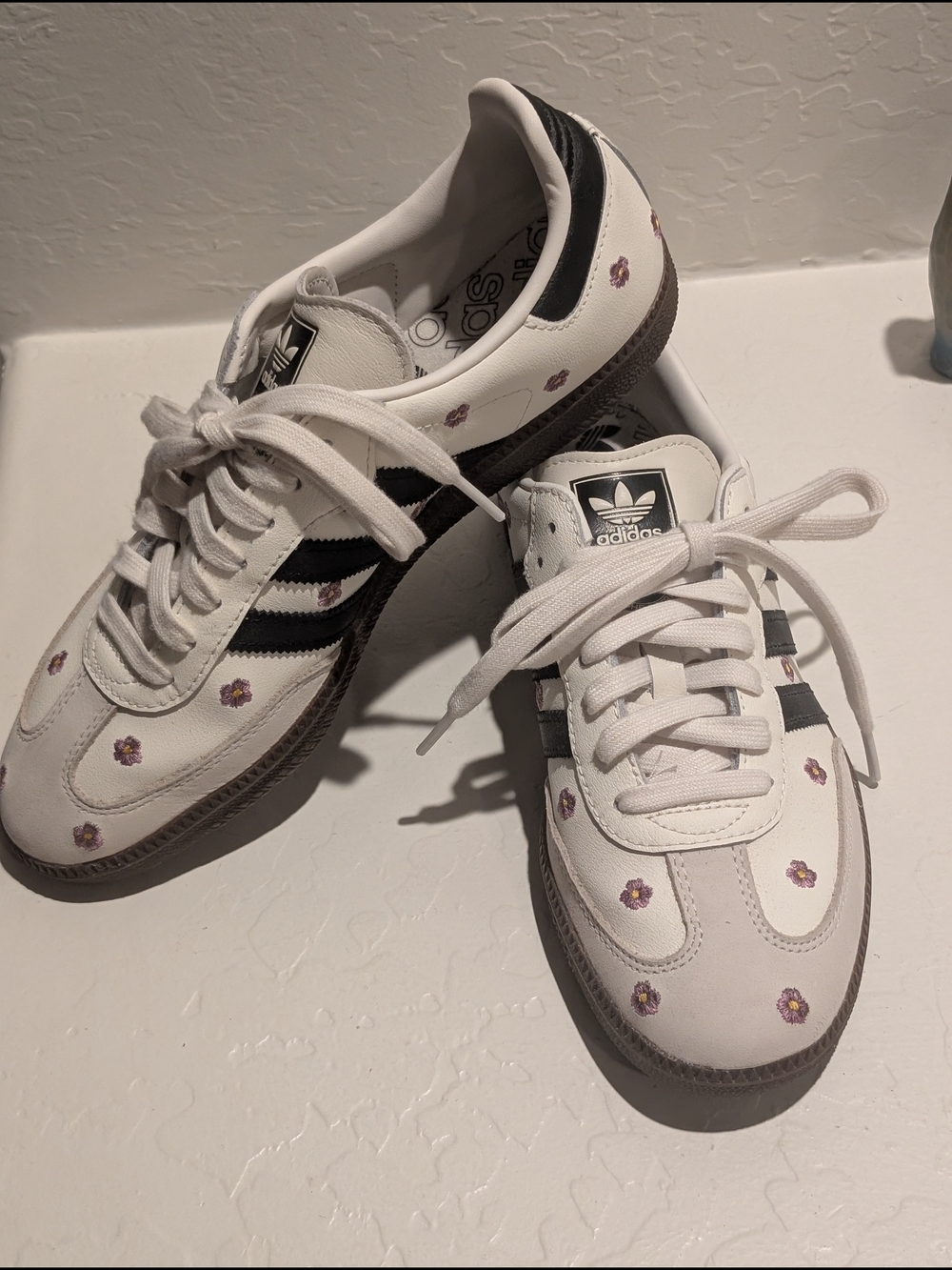 adidas Women's White Sneakers with Black Stripes and Purple Floral Accents Sz 9.